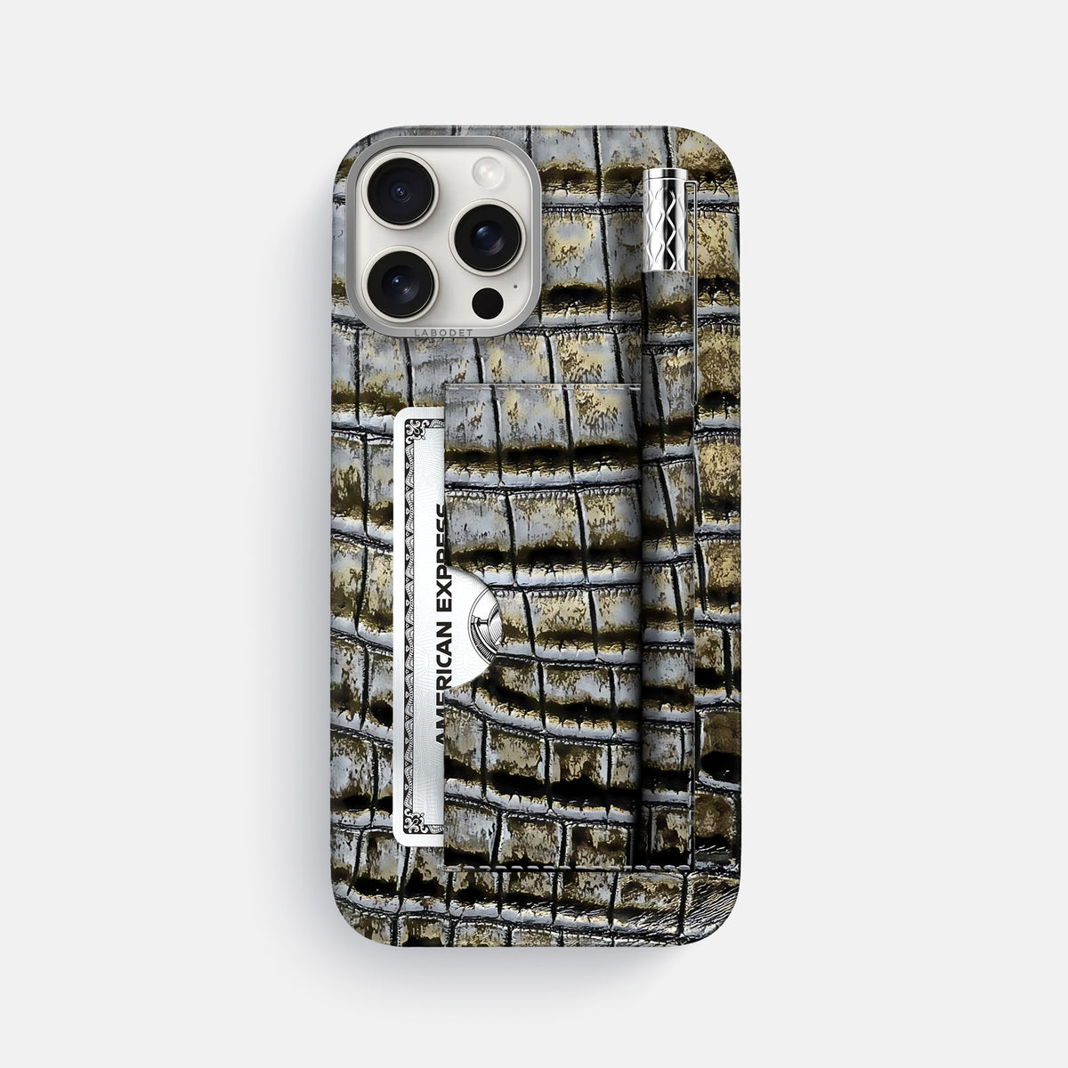 Antique-Bronze iPhone 16 Pro Max Card and Pen Holder Case Himalayan Crocodile with Steel Metal -1 | Antique-Bronze-Steel