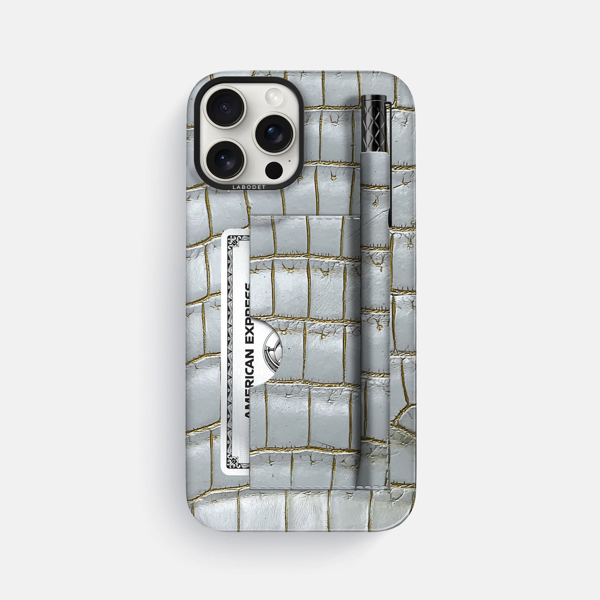 Arctic iPhone 16 Pro Max Card and Pen Holder Case Himalayan Crocodile with Black Metal -1 | Arctic-Black