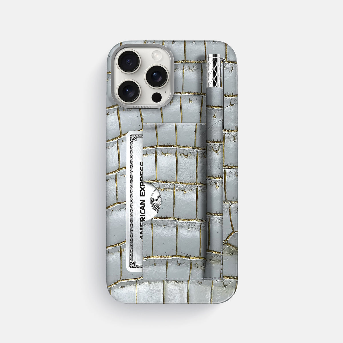 Arctic iPhone 16 Pro Max Card and Pen Holder Case Himalayan Crocodile with Steel Metal -1 | Arctic-Steel