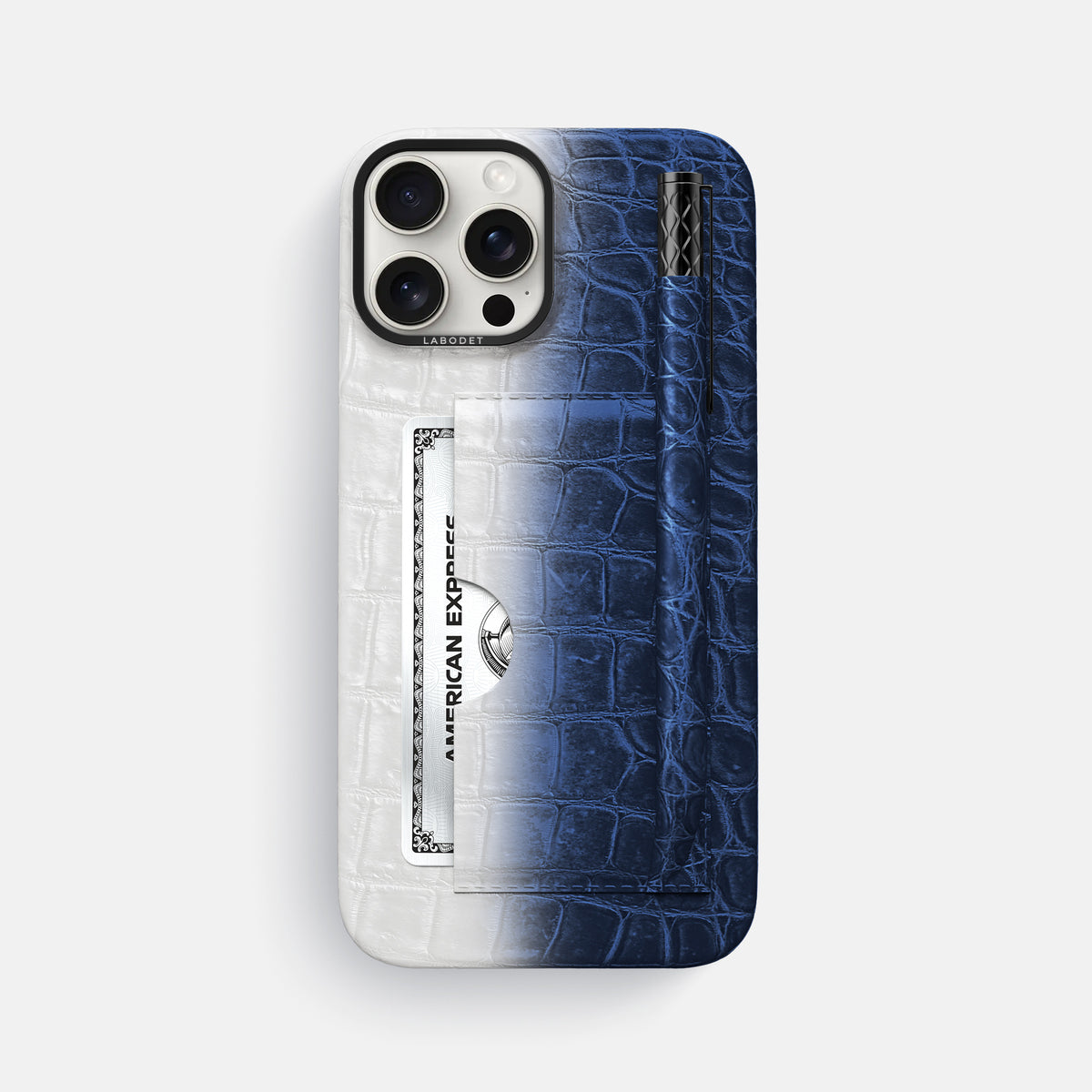 Navy Blue iPhone 16 Pro Max Card and Pen Holder Case Himalayan Crocodile with Black Metal -1 | Navy-Blue-Black