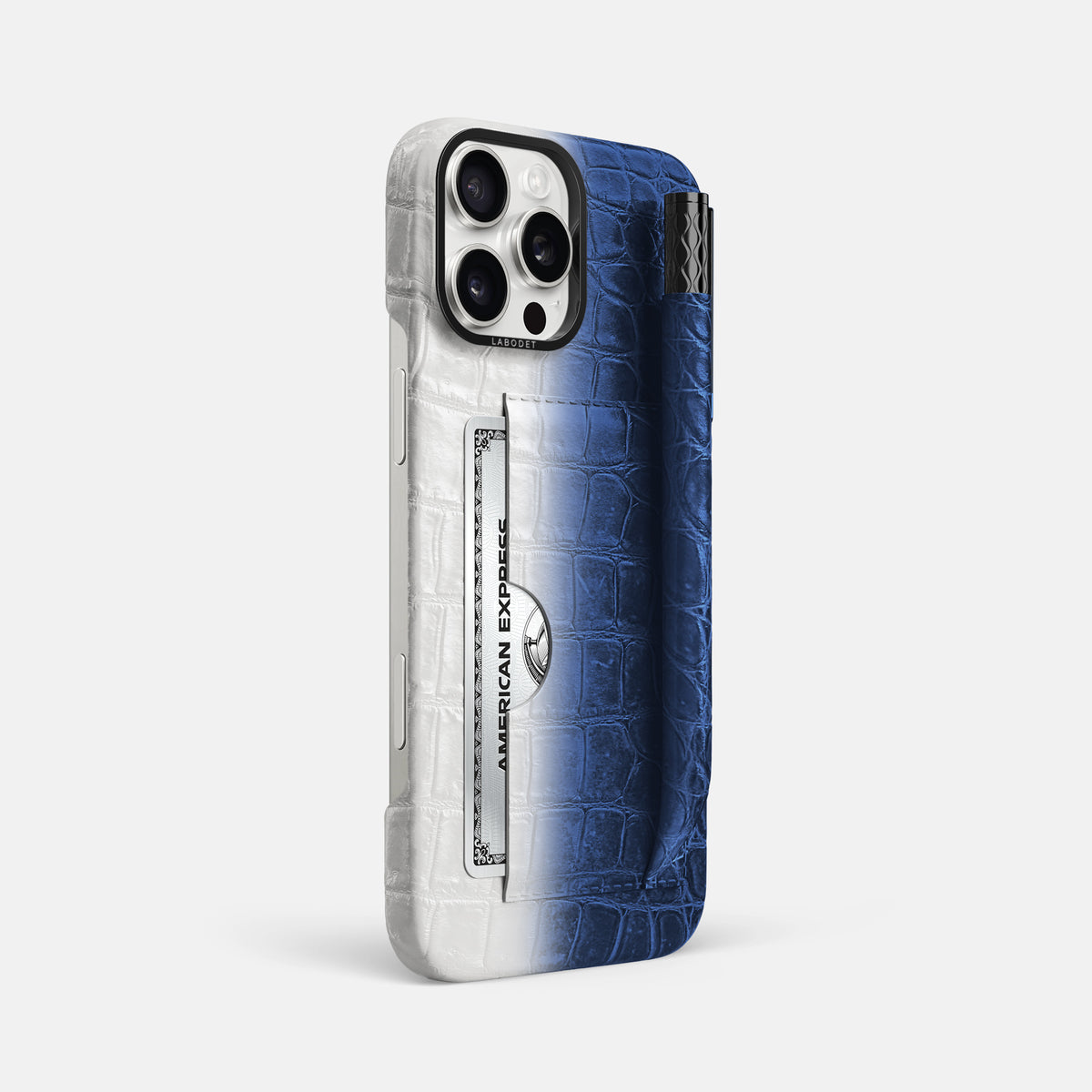 Navy Blue iPhone 16 Pro Max Card and Pen Holder Case Himalayan Crocodile with Black Metal -2 | Navy-Blue-Black