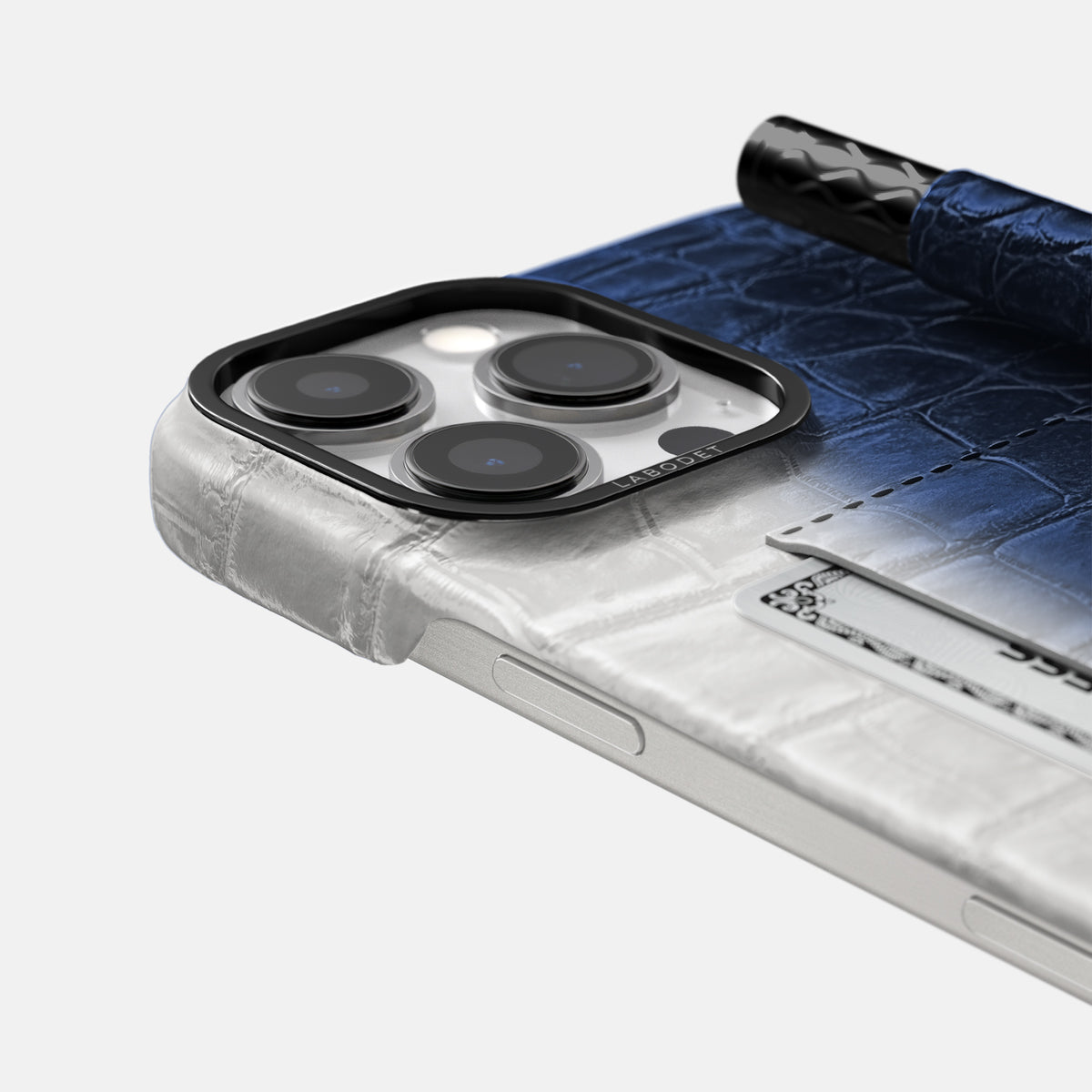 Navy Blue iPhone 16 Pro Max Card and Pen Holder Case Himalayan Crocodile with Black Metal -4 | Navy-Blue-Black