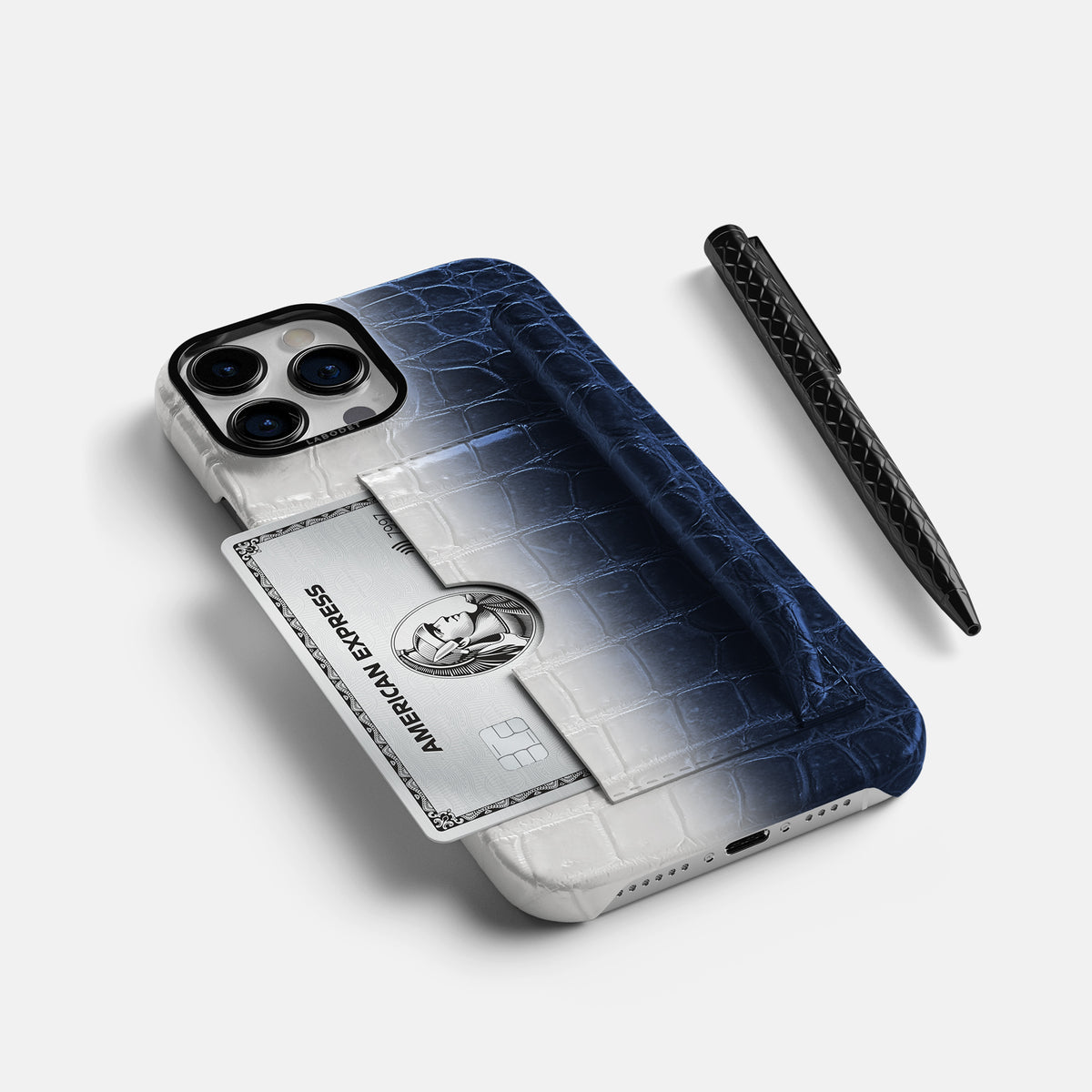 Navy Blue iPhone 16 Pro Max Card and Pen Holder Case Himalayan Crocodile with Black Metal -5 | Navy-Blue-Black
