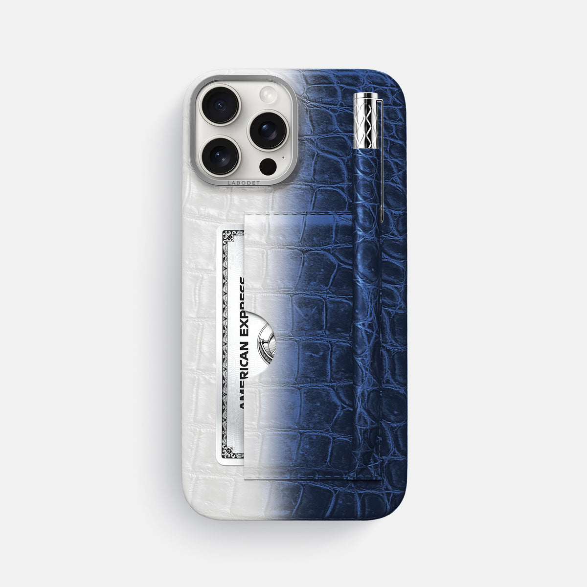 Navy Blue iPhone 16 Pro Max Card and Pen Holder Case Himalayan Crocodile with Steel Metal -1 | Navy-Blue-Steel