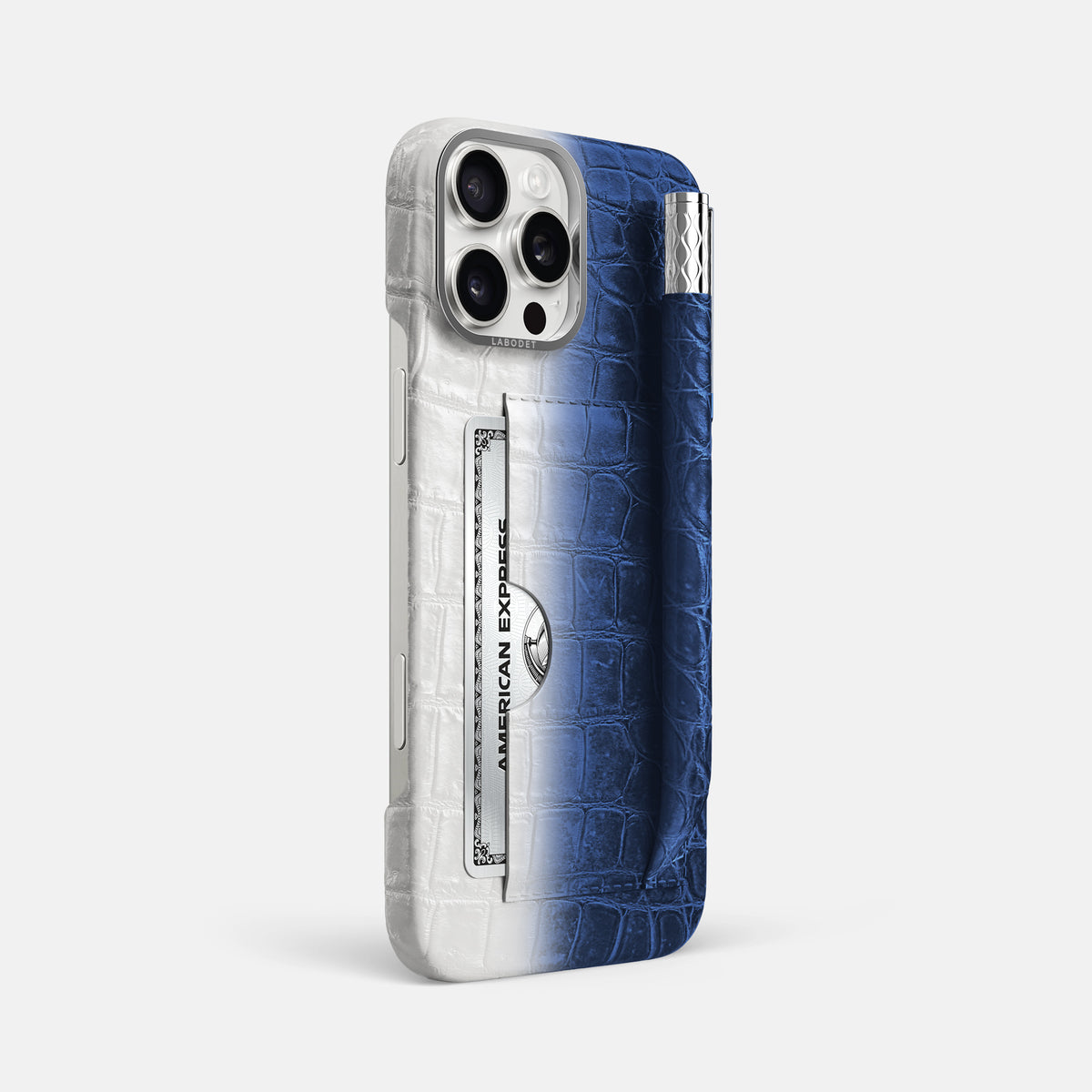 Navy Blue iPhone 16 Pro Max Card and Pen Holder Case Himalayan Crocodile with Steel Metal -2 | Navy-Blue-Steel