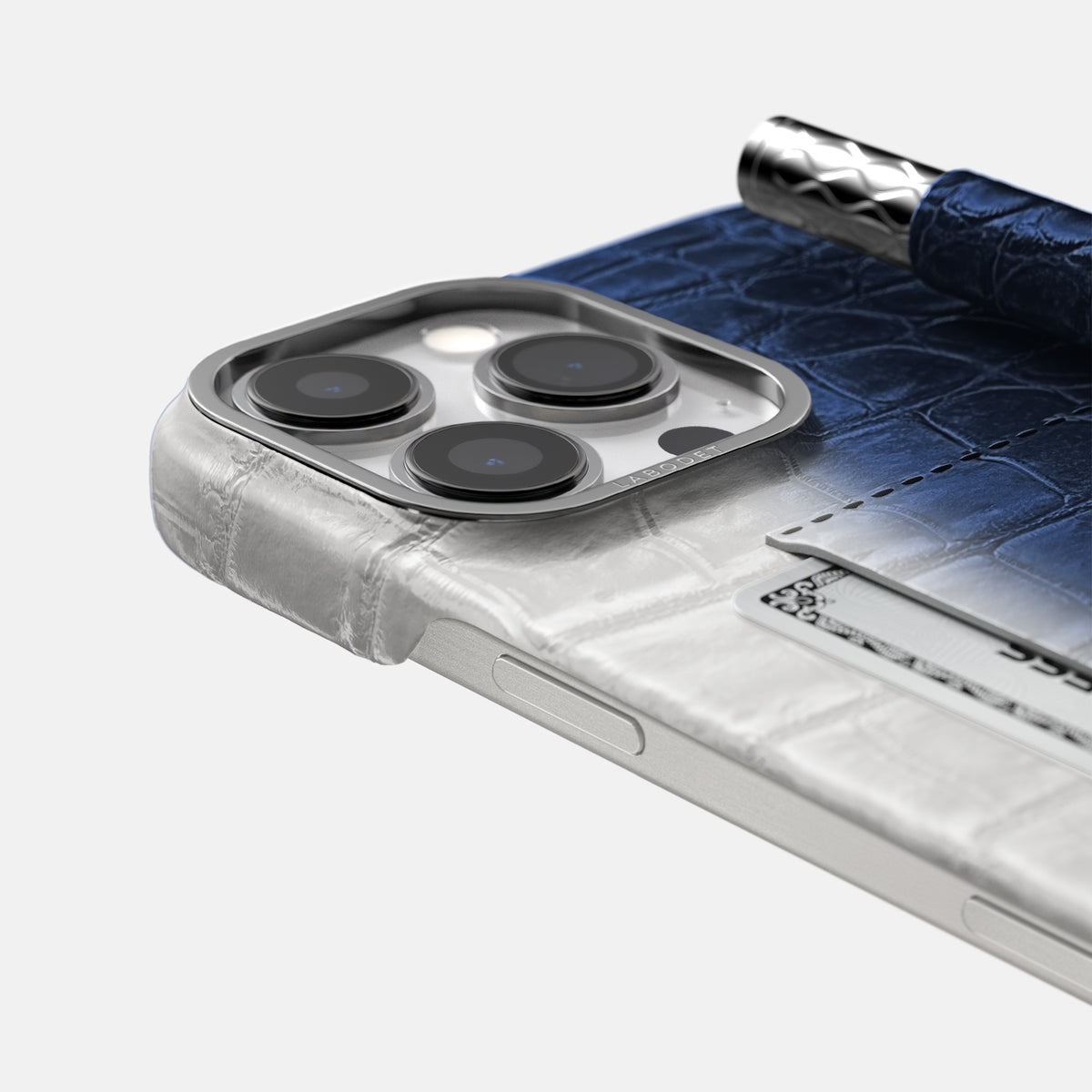 Navy Blue iPhone 16 Pro Max Card and Pen Holder Case Himalayan Crocodile with Steel Metal -4 | Navy-Blue-Steel
