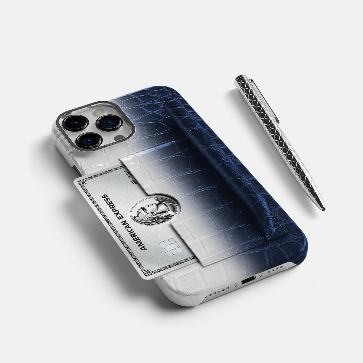 Navy Blue iPhone 16 Pro Max Card and Pen Holder Case Himalayan Crocodile with Steel Metal -5 | Navy-Blue-Steel