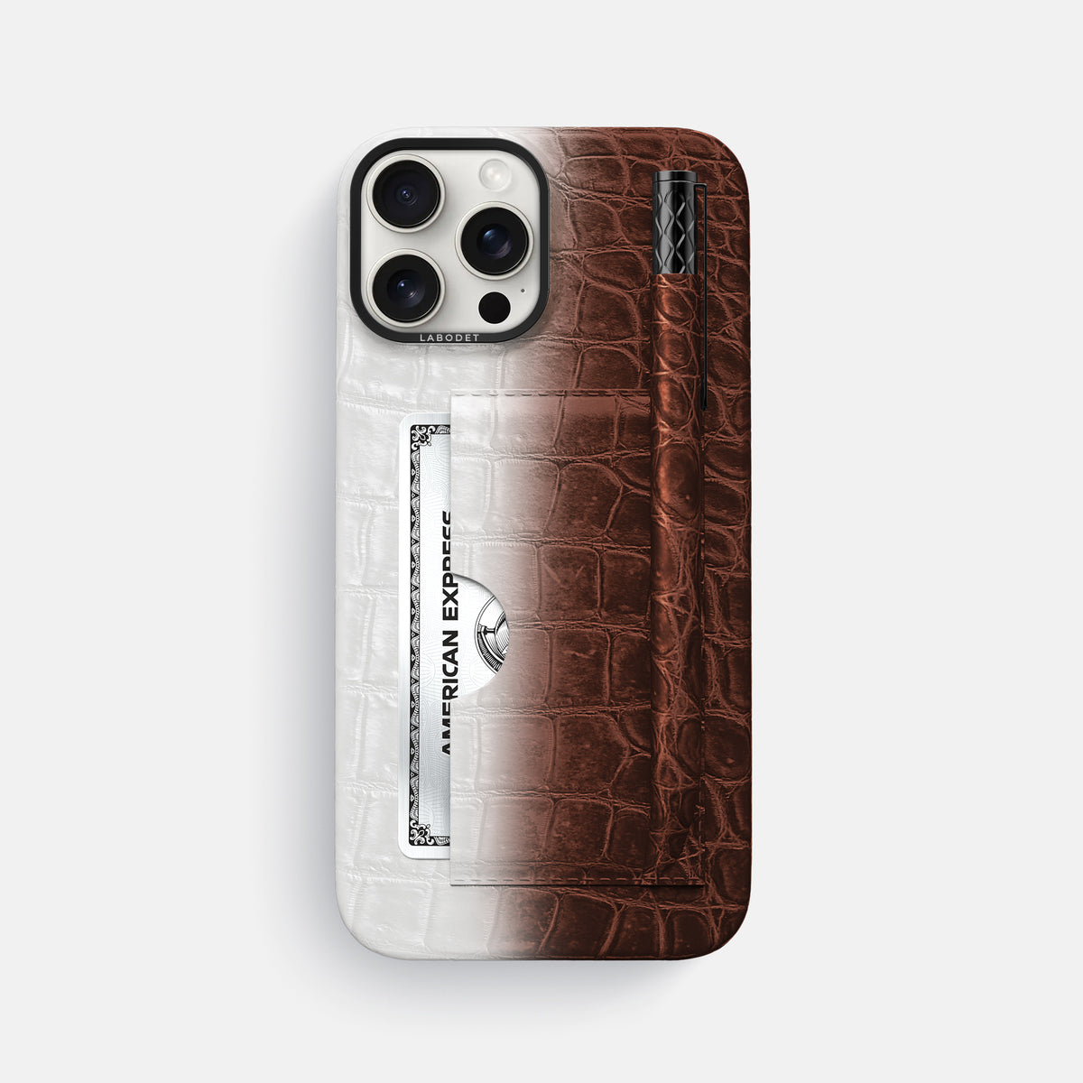 Dark Brown iPhone 16 Pro Max Card and Pen Holder Case Himalayan Crocodile with Black Metal -1 | Dark-Brown-Black