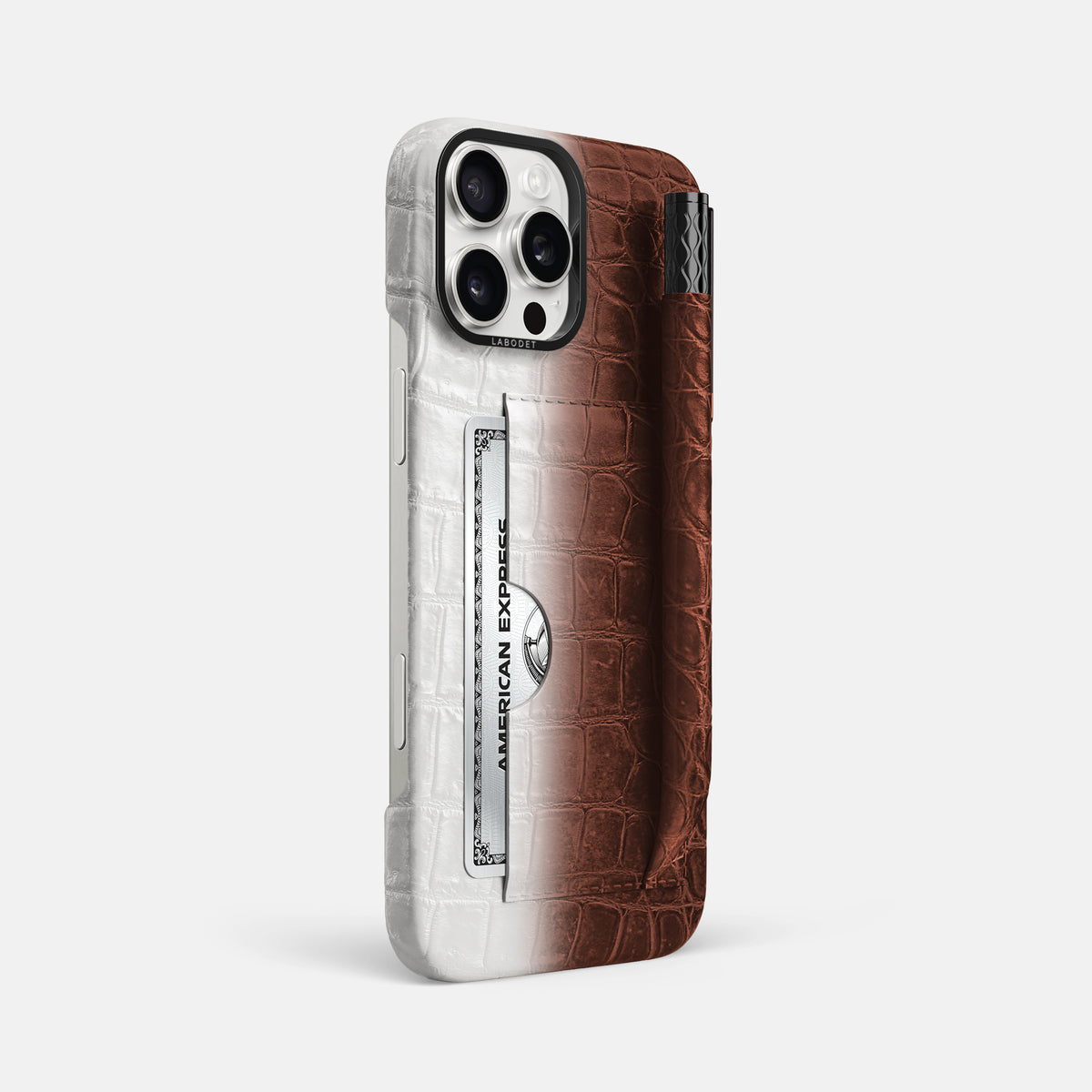 Dark Brown iPhone 16 Pro Max Card and Pen Holder Case Himalayan Crocodile with Black Metal -2 | Dark-Brown-Black