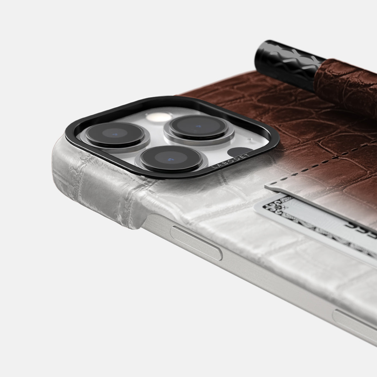Dark Brown iPhone 16 Pro Max Card and Pen Holder Case Himalayan Crocodile with Black Metal -4 | Dark-Brown-Black