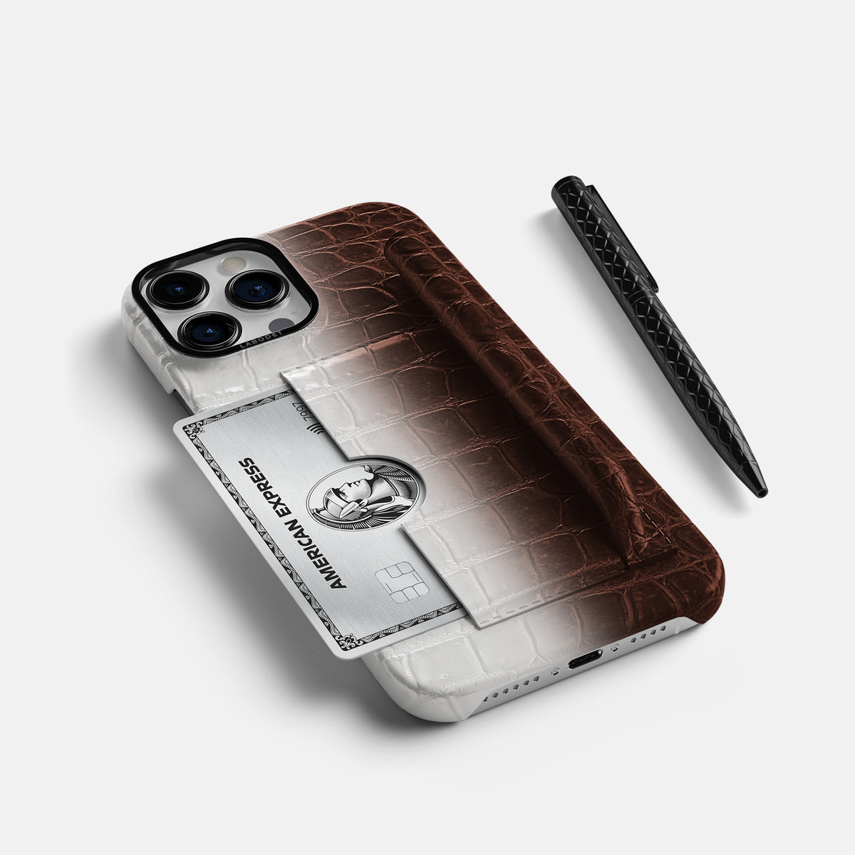 Dark Brown iPhone 16 Pro Max Card and Pen Holder Case Himalayan Crocodile with Black Metal -5 | Dark-Brown-Black