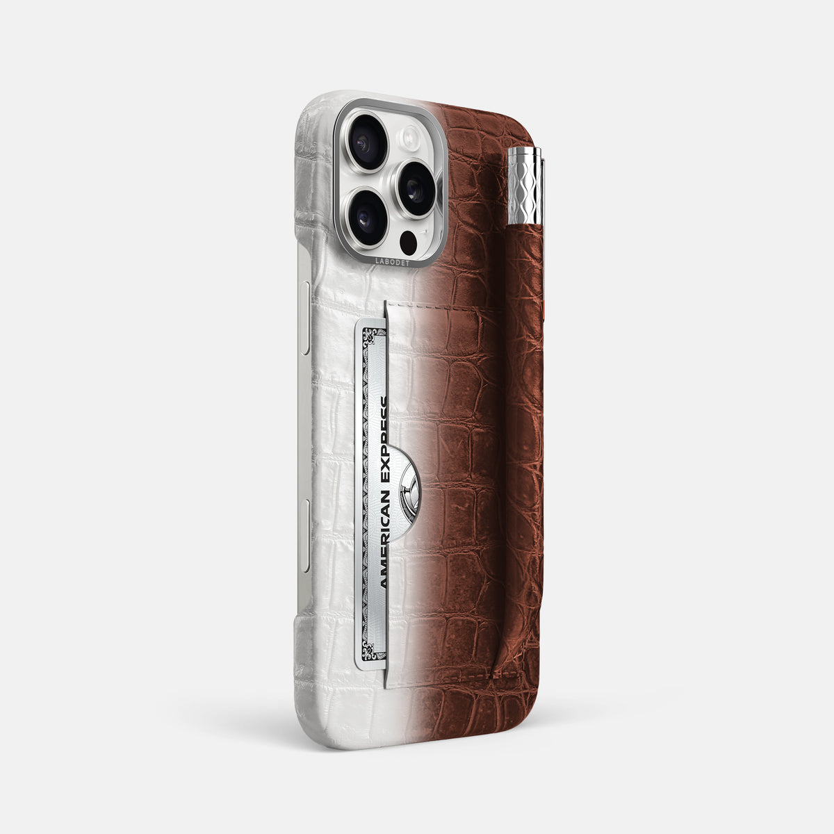 Dark Brown iPhone 16 Pro Max Card and Pen Holder Case Himalayan Crocodile with Steel Metal -2 | Dark-Brown-Steel