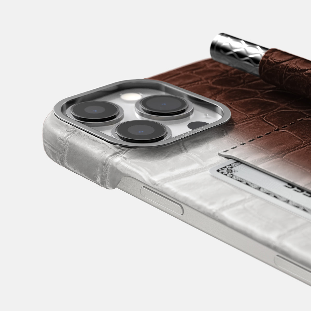Dark Brown iPhone 16 Pro Max Card and Pen Holder Case Himalayan Crocodile with Steel Metal -4 | Dark-Brown-Steel