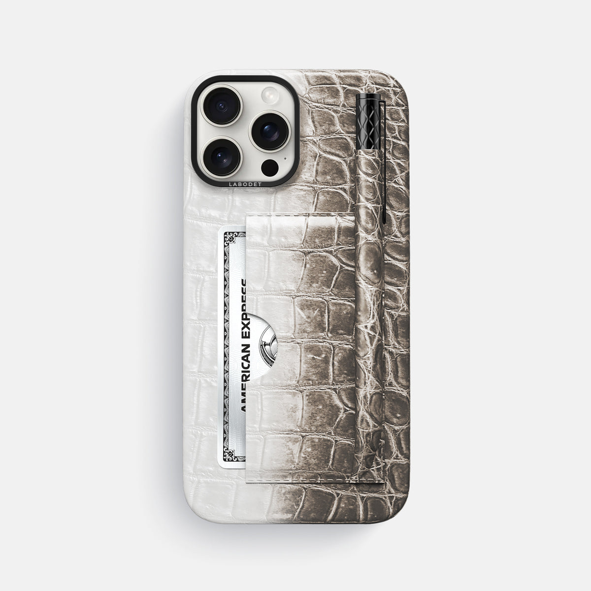 Dark iPhone 16 Pro Max Card and Pen Holder Case Himalayan Crocodile with Black Metal -1 | Dark-Black