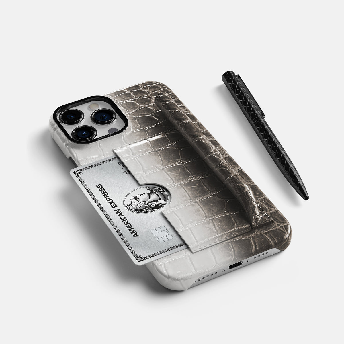 Dark iPhone 16 Pro Max Card and Pen Holder Case Himalayan Crocodile with Black Metal -5 | Dark-Black