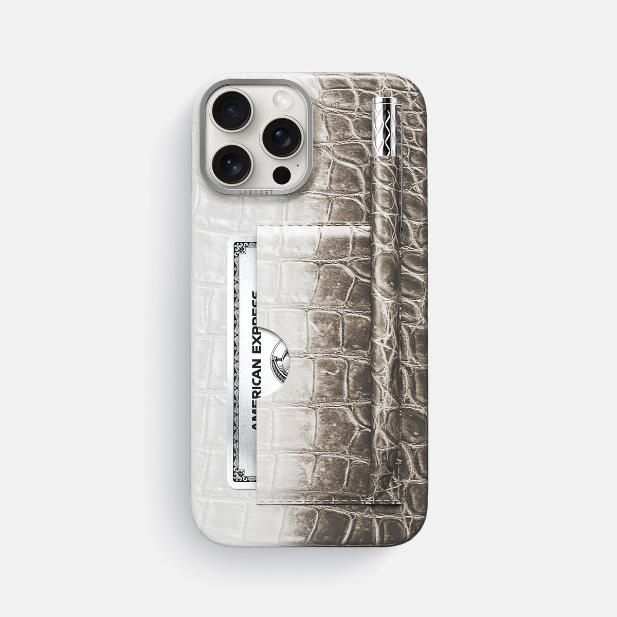 Dark iPhone 16 Pro Max Card and Pen Holder Case Himalayan Crocodile with Steel Metal -1 | Dark-Steel