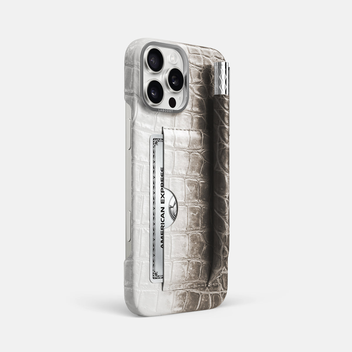 Dark iPhone 16 Pro Max Card and Pen Holder Case Himalayan Crocodile with Steel Metal -2 | Dark-Steel