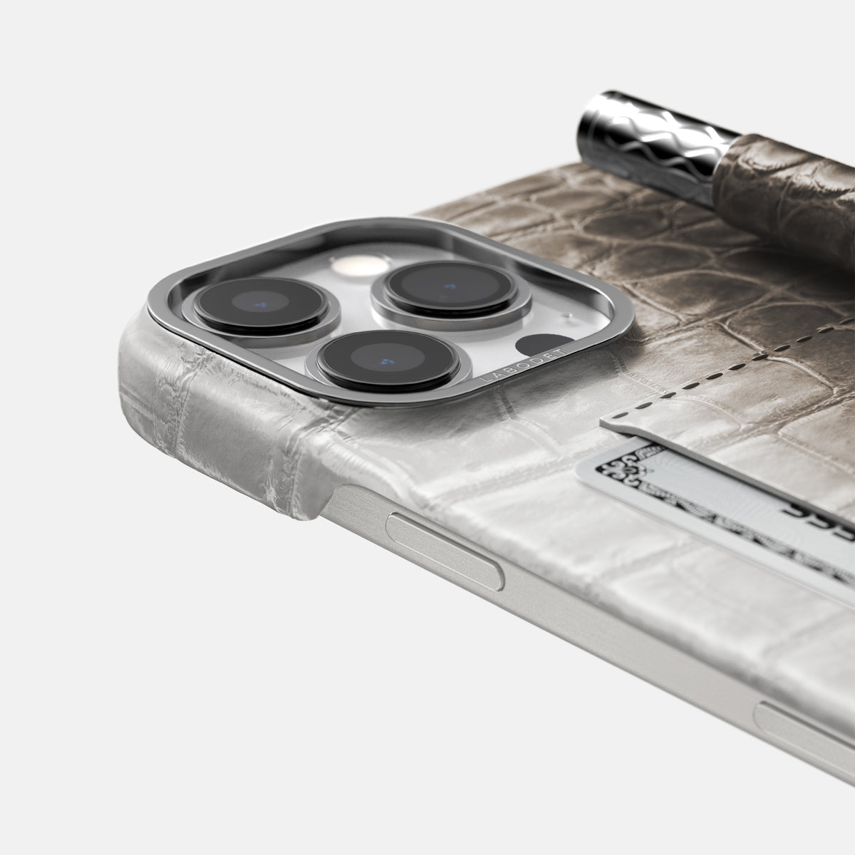 Dark iPhone 16 Pro Max Card and Pen Holder Case Himalayan Crocodile with Steel Metal -4 | Dark-Steel