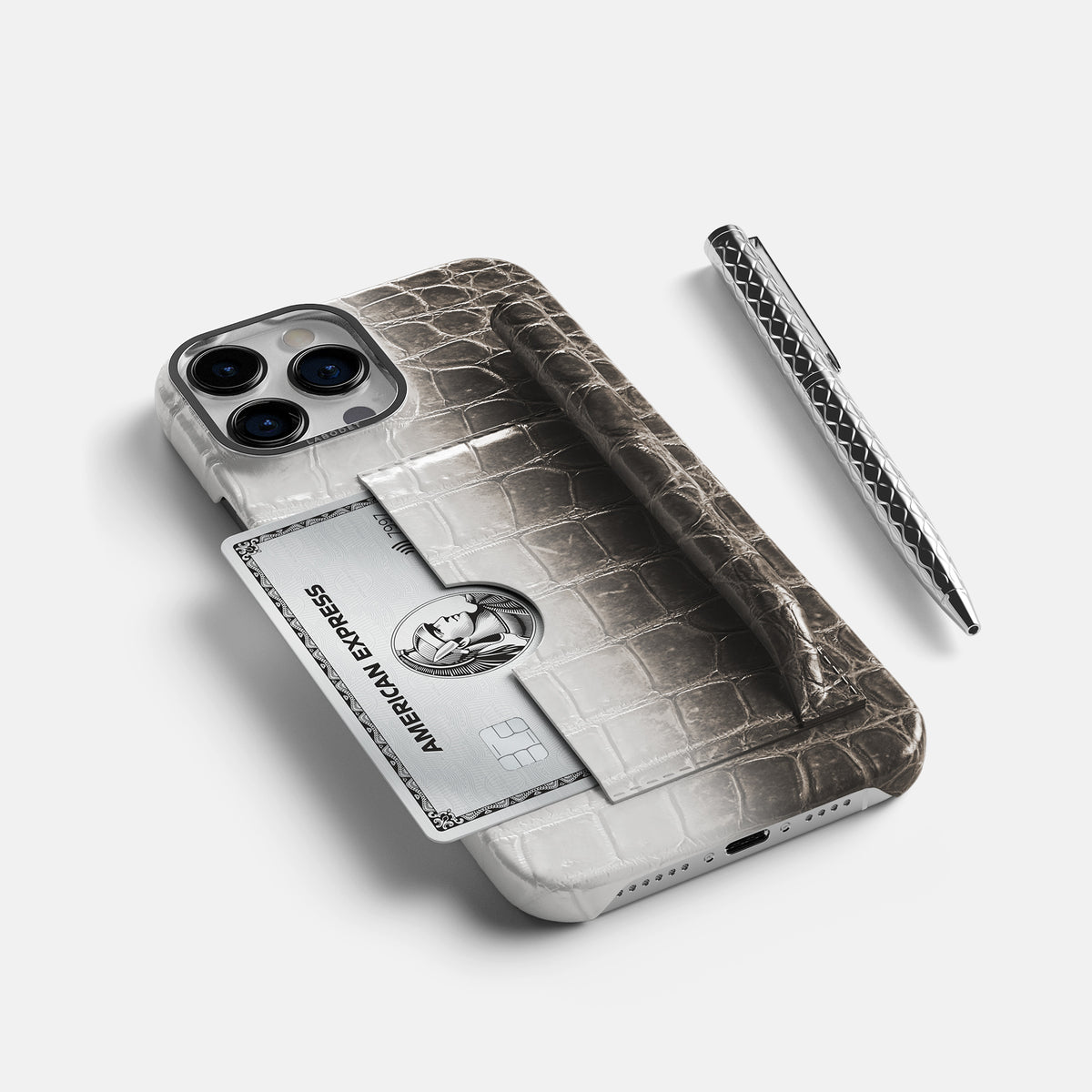 Dark iPhone 16 Pro Max Card and Pen Holder Case Himalayan Crocodile with Steel Metal -5 | Dark-Steel