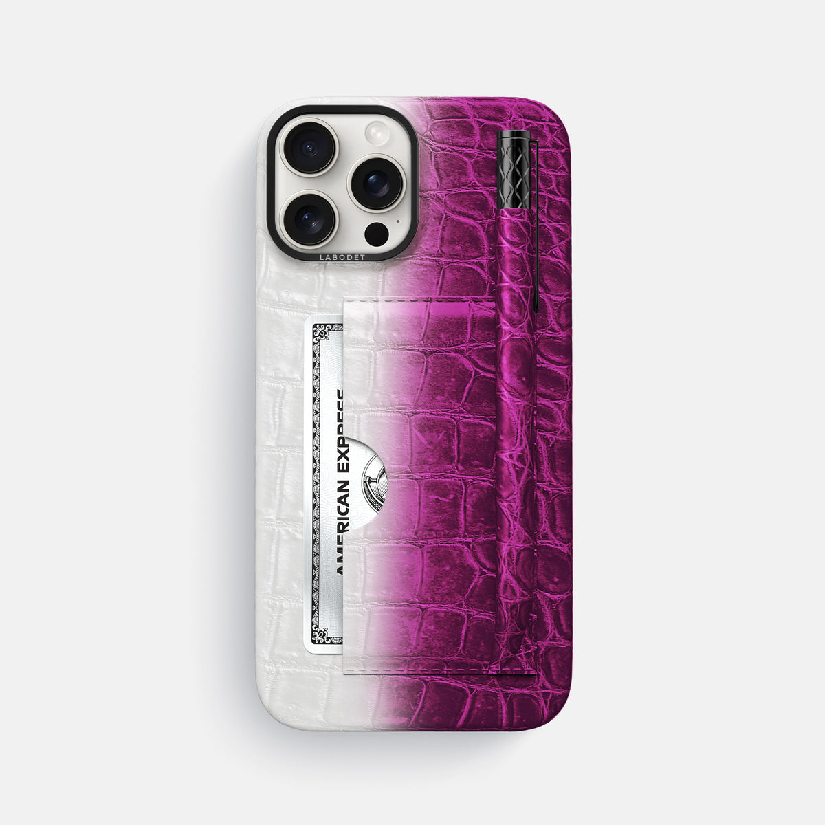 Fuchsia iPhone 16 Pro Max Card and Pen Holder Case Himalayan Crocodile with Black Metal -1 | Fuchsia-Black