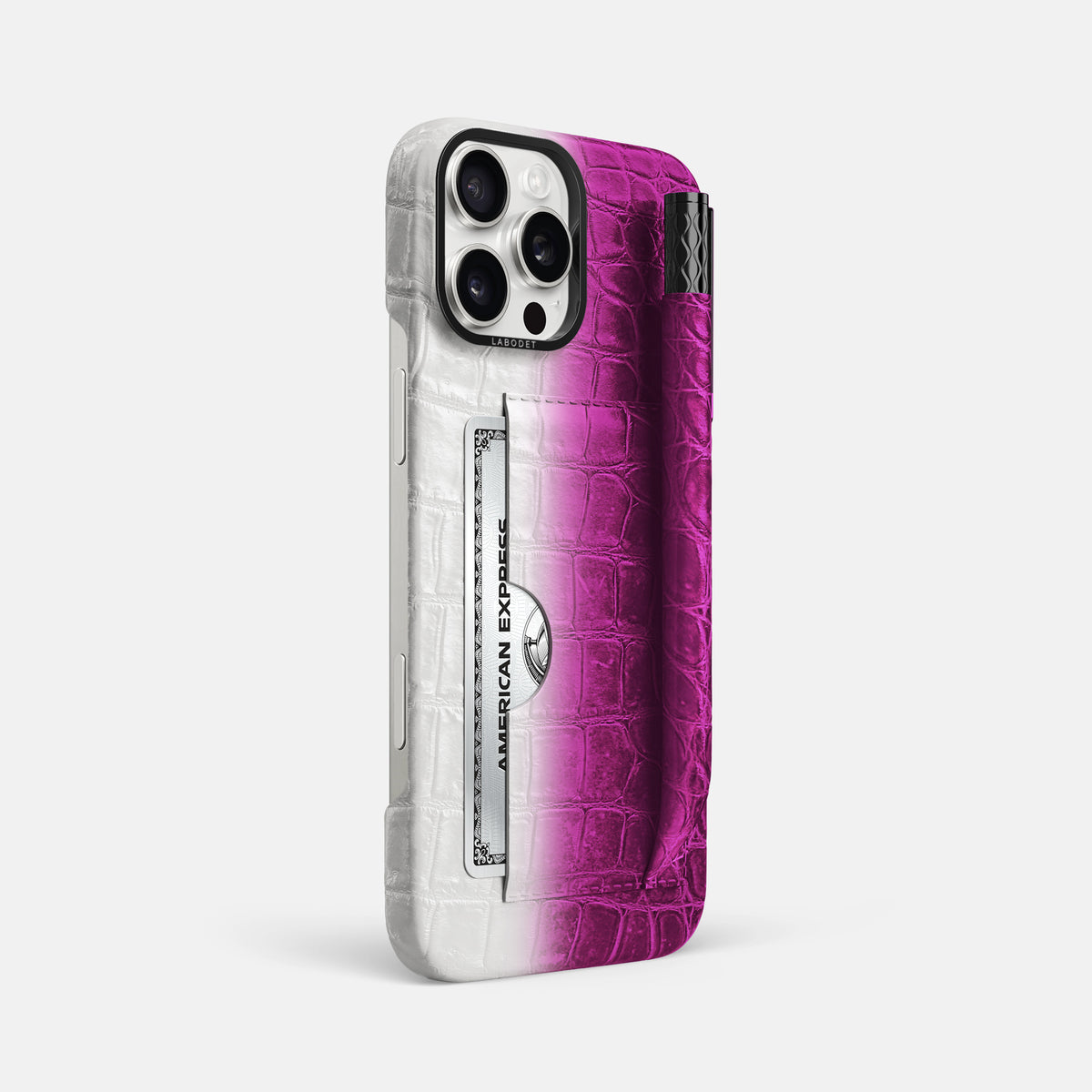 Fuchsia iPhone 16 Pro Max Card and Pen Holder Case Himalayan Crocodile with Black Metal -2 | Fuchsia-Black