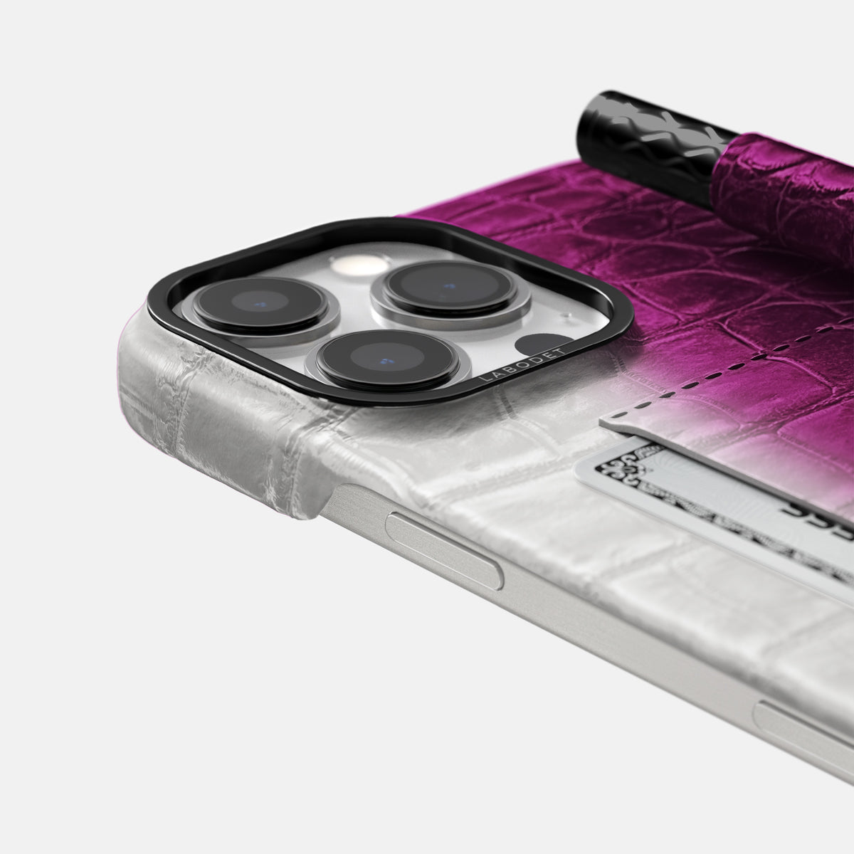 Fuchsia iPhone 16 Pro Max Card and Pen Holder Case Himalayan Crocodile with Black Metal -4 | Fuchsia-Black