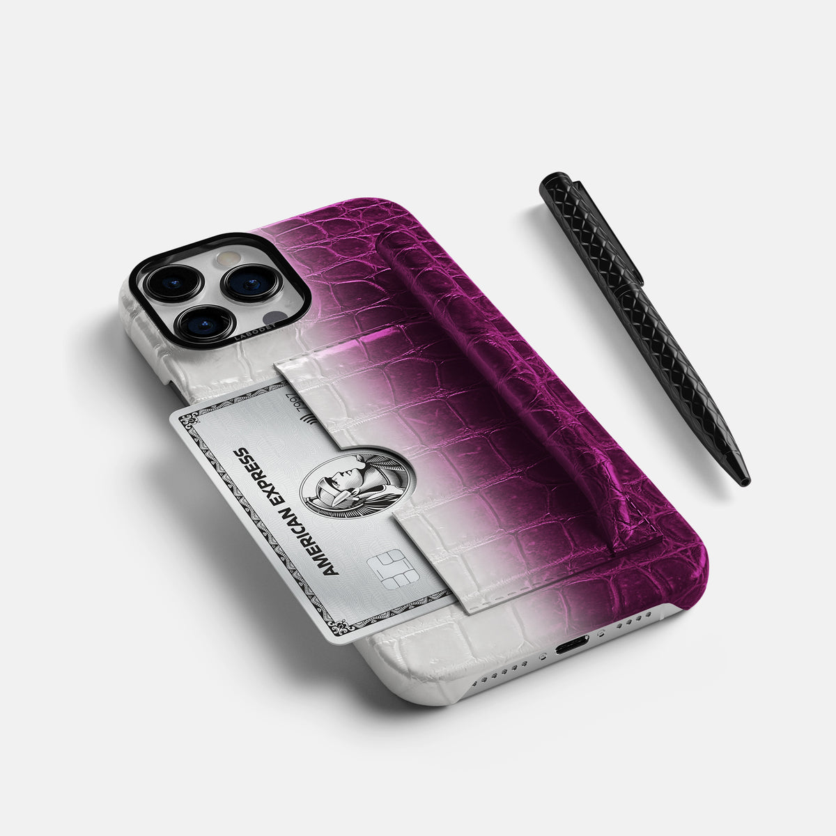 Fuchsia iPhone 16 Pro Max Card and Pen Holder Case Himalayan Crocodile with Black Metal -5 | Fuchsia-Black