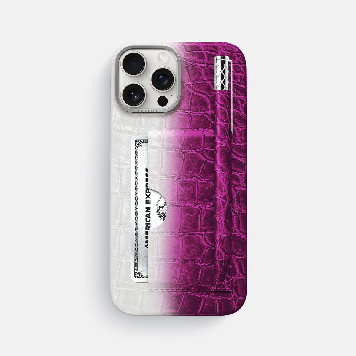 Fuchsia iPhone 16 Pro Max Card and Pen Holder Case Himalayan Crocodile with Steel Metal -1 | Fuchsia-Steel