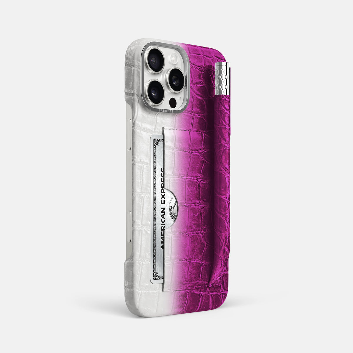 Fuchsia iPhone 16 Pro Max Card and Pen Holder Case Himalayan Crocodile with Steel Metal -2 | Fuchsia-Steel
