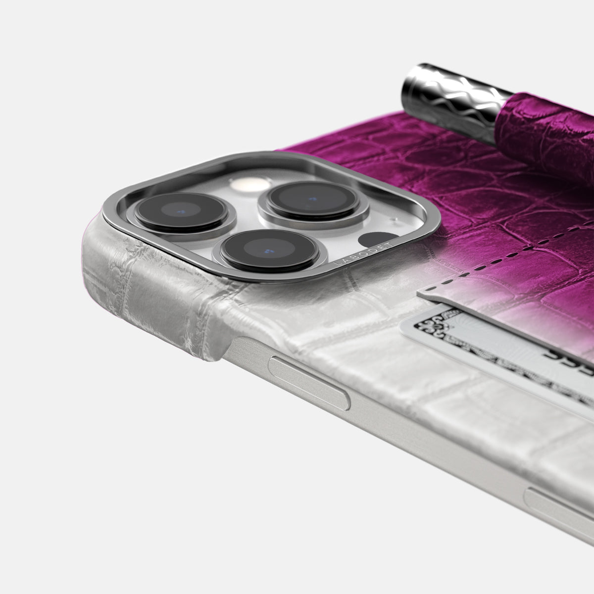 Fuchsia iPhone 16 Pro Max Card and Pen Holder Case Himalayan Crocodile with Steel Metal -4 | Fuchsia-Steel