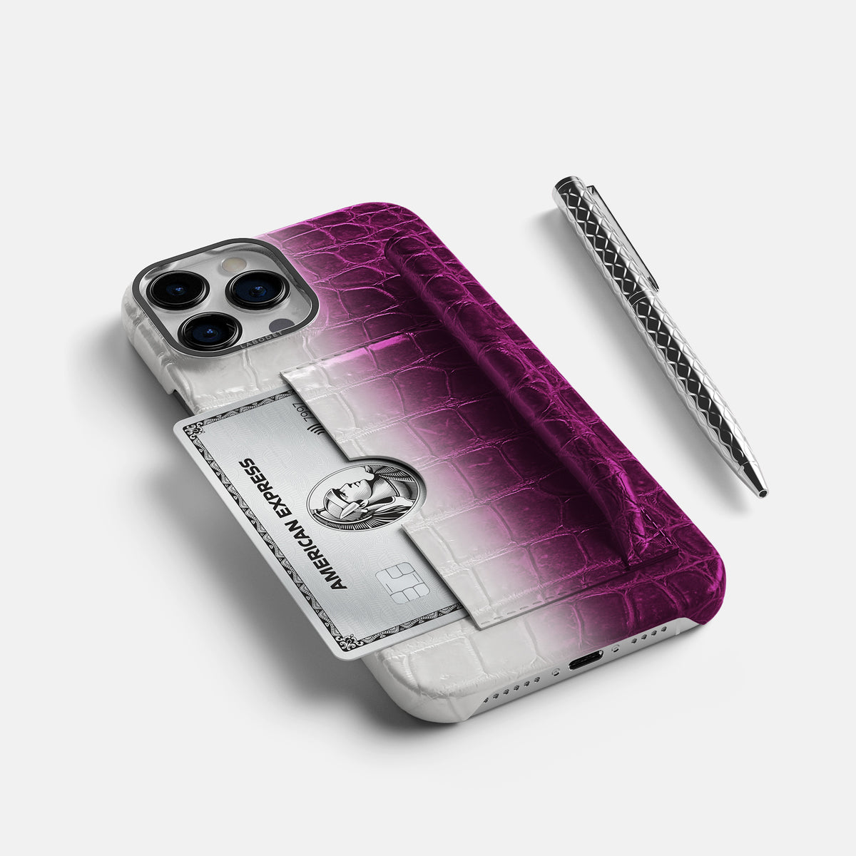 Fuchsia iPhone 16 Pro Max Card and Pen Holder Case Himalayan Crocodile with Steel Metal -5 | Fuchsia-Steel