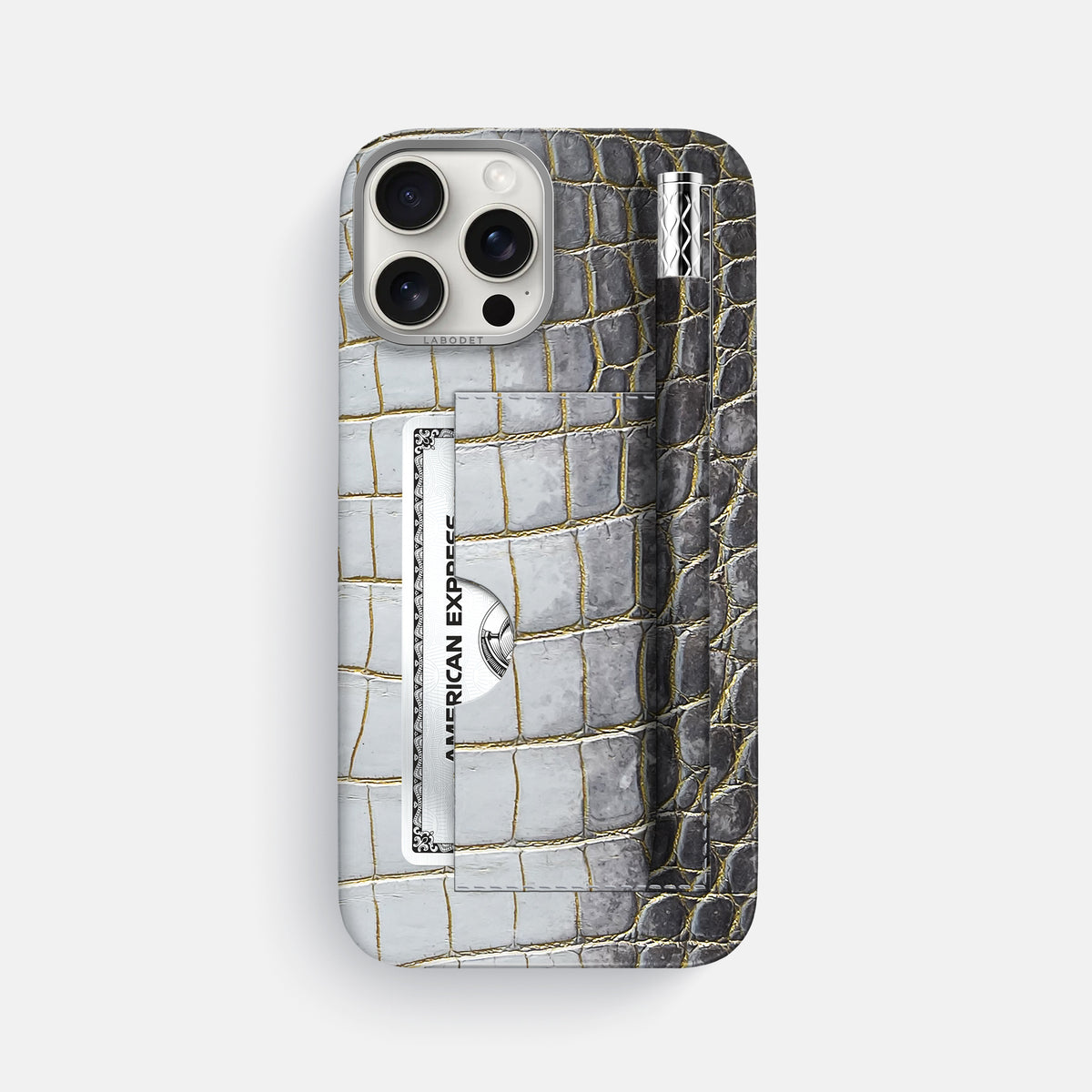 Gold iPhone 16 Pro Max Card and Pen Holder Case Himalayan Crocodile with Steel Metal -1 | Gold-Steel