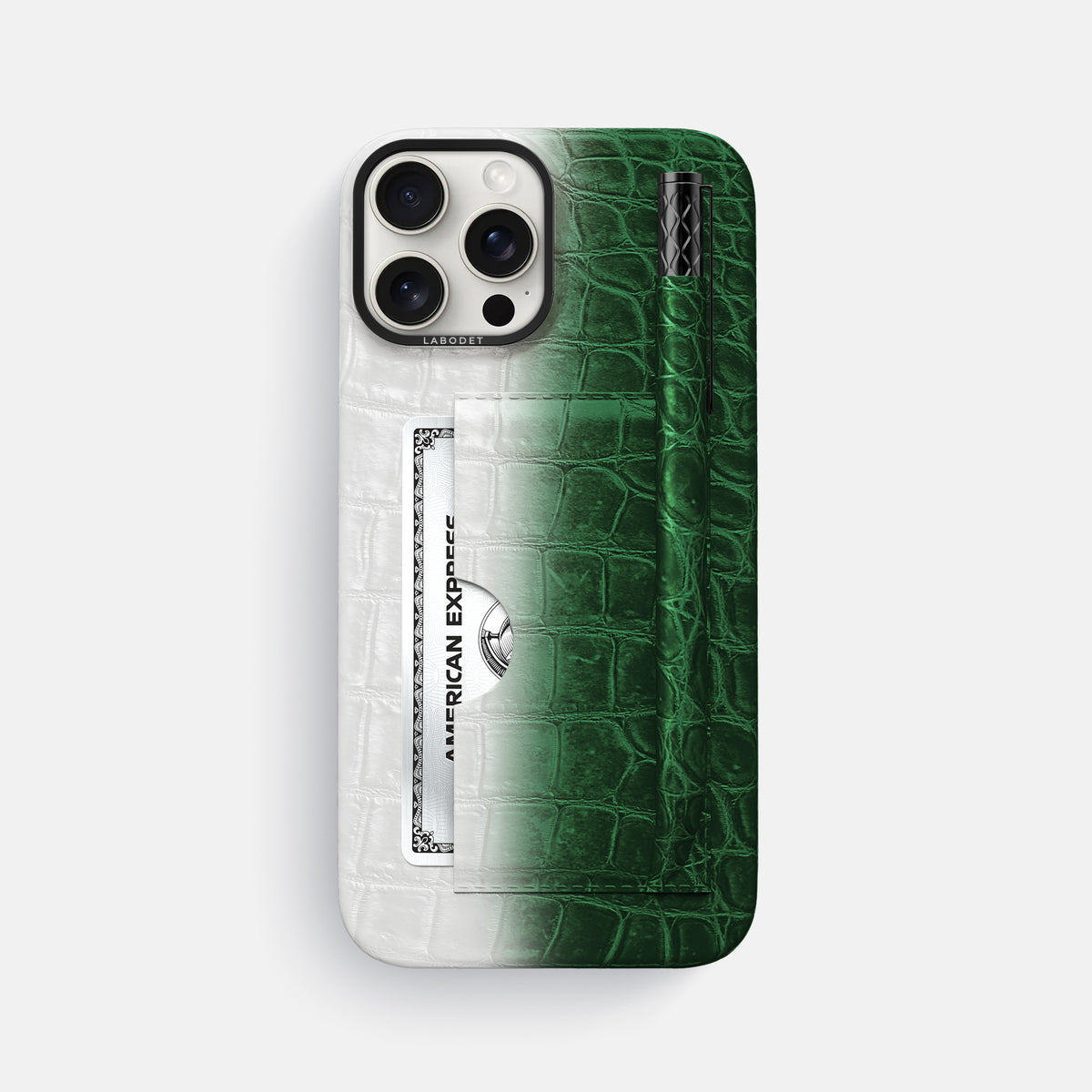 Green iPhone 16 Pro Max Card and Pen Holder Case Himalayan Crocodile with Black Metal -1 | Green-Black