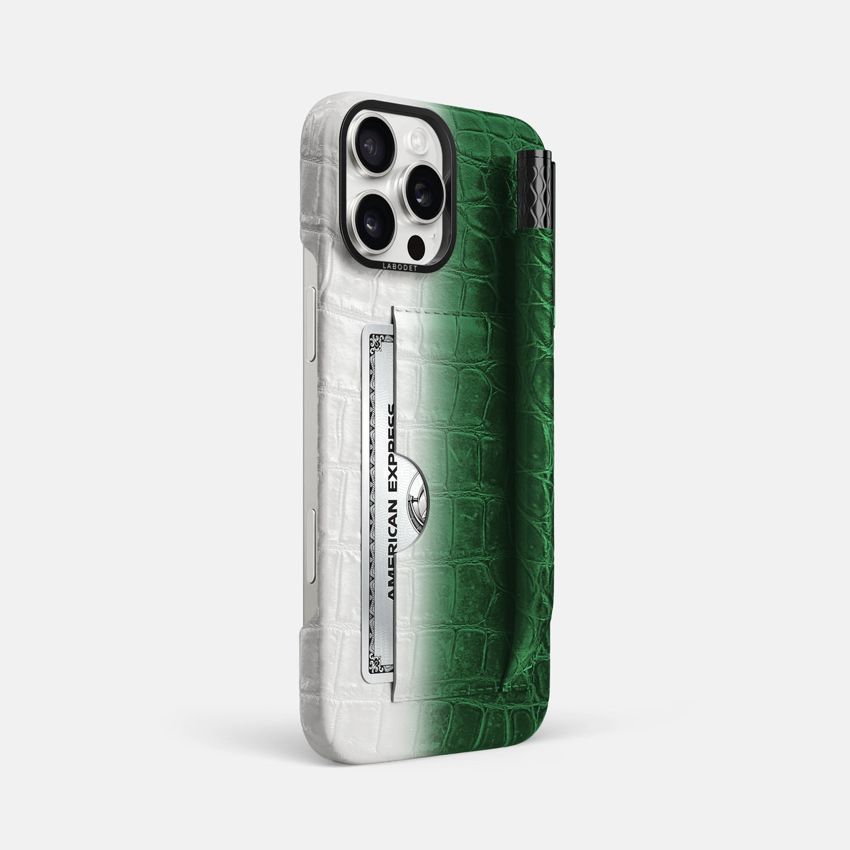 Green iPhone 16 Pro Max Card and Pen Holder Case Himalayan Crocodile with Black Metal -2 | Green-Black