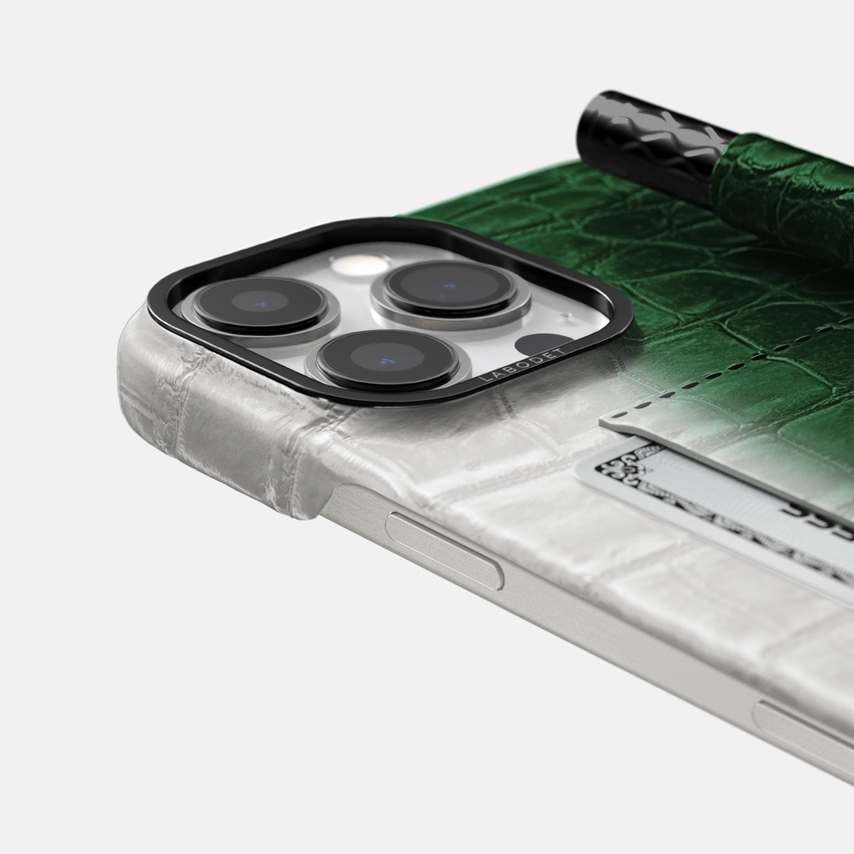 Green iPhone 16 Pro Max Card and Pen Holder Case Himalayan Crocodile with Black Metal -4 | Green-Black
