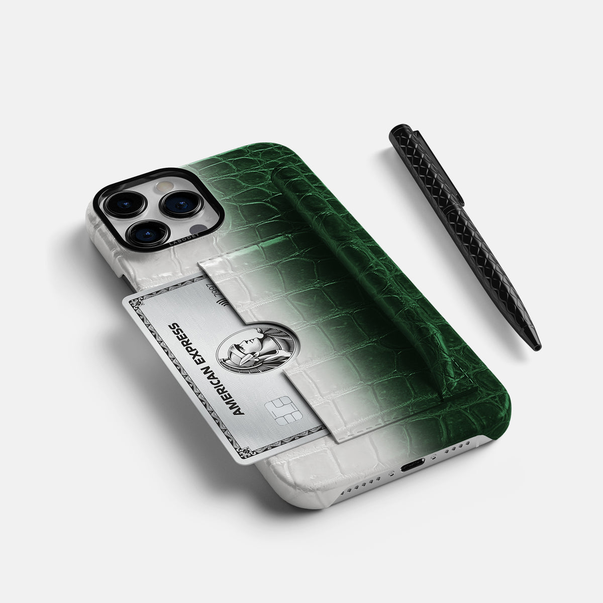 Green iPhone 16 Pro Max Card and Pen Holder Case Himalayan Crocodile with Black Metal -5 | Green-Black