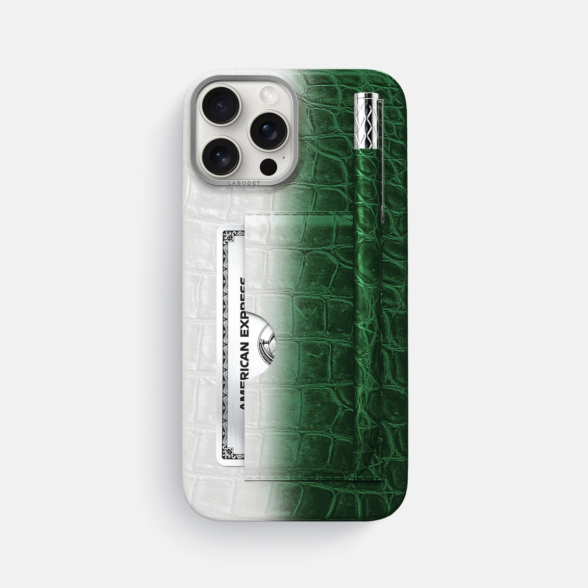 Green iPhone 16 Pro Max Card and Pen Holder Case Himalayan Crocodile with Steel Metal -1 | Green-Steel