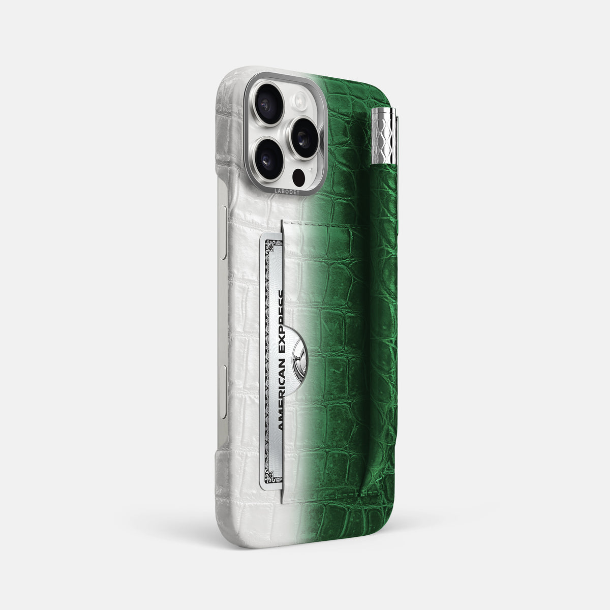 Green iPhone 16 Pro Max Card and Pen Holder Case Himalayan Crocodile with Steel Metal -2 | Green-Steel