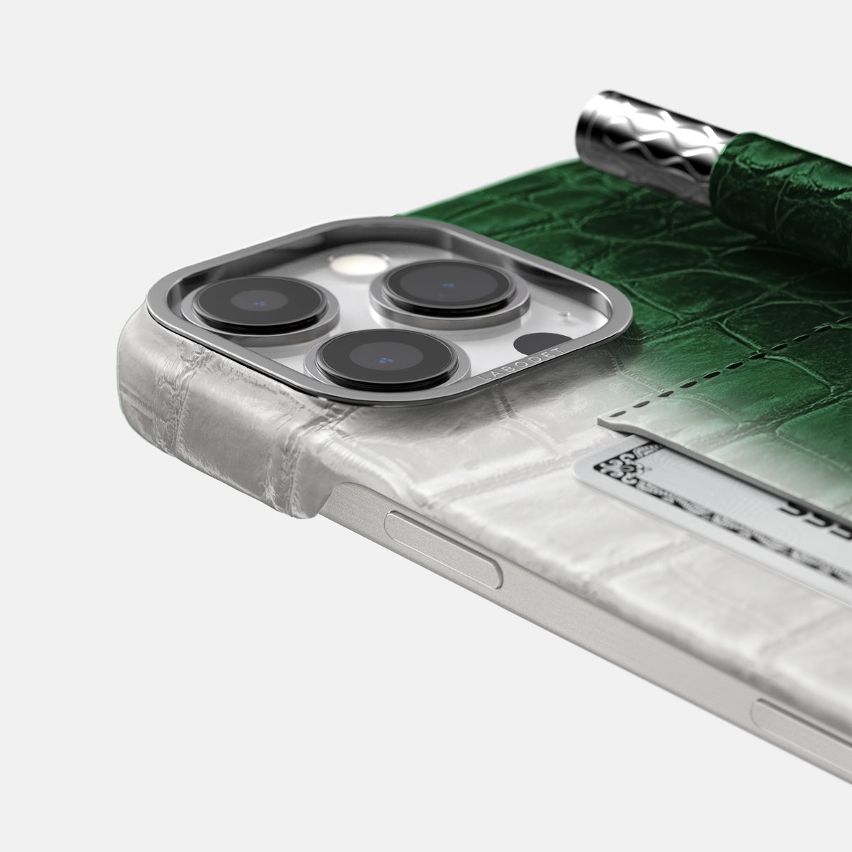 Green iPhone 16 Pro Max Card and Pen Holder Case Himalayan Crocodile with Steel Metal -4 | Green-Steel