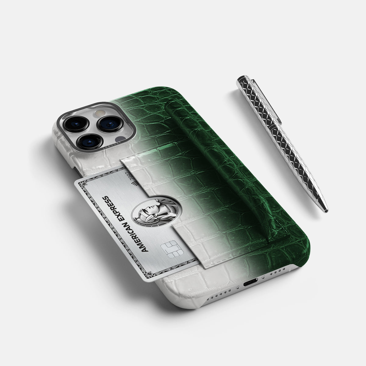 Green iPhone 16 Pro Max Card and Pen Holder Case Himalayan Crocodile with Steel Metal -5 | Green-Steel