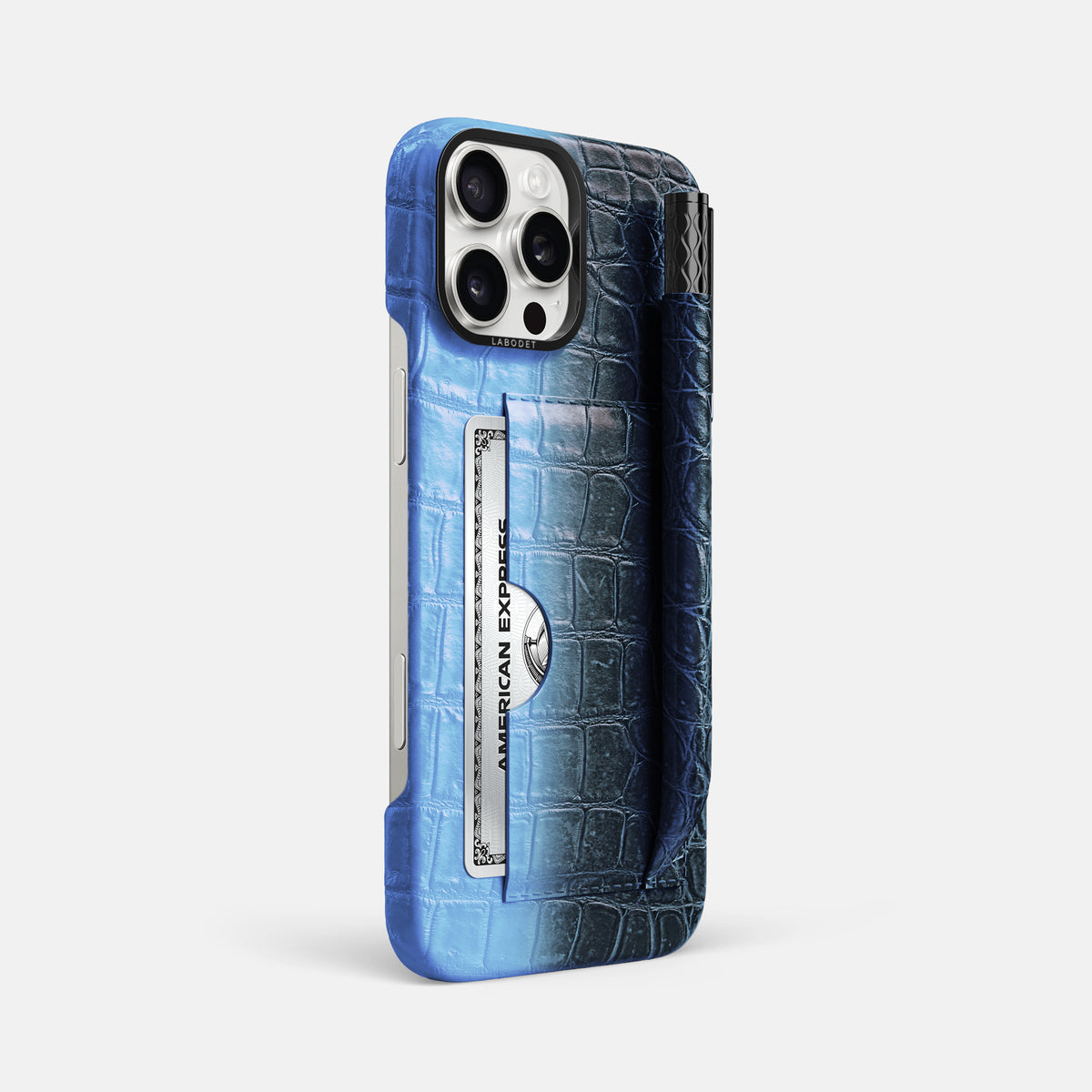 Lavender iPhone 16 Pro Max Card and Pen Holder Case Himalayan Crocodile with Black Metal -2 | Lavender-Black