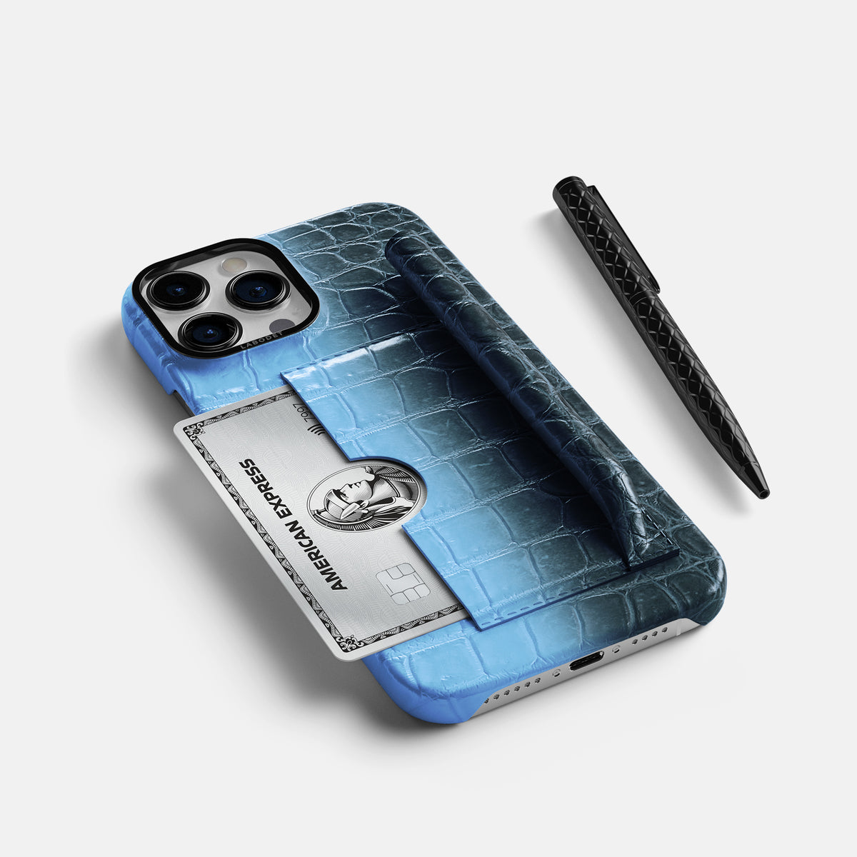 Lavender iPhone 16 Pro Max Card and Pen Holder Case Himalayan Crocodile with Black Metal -5 | Lavender-Black