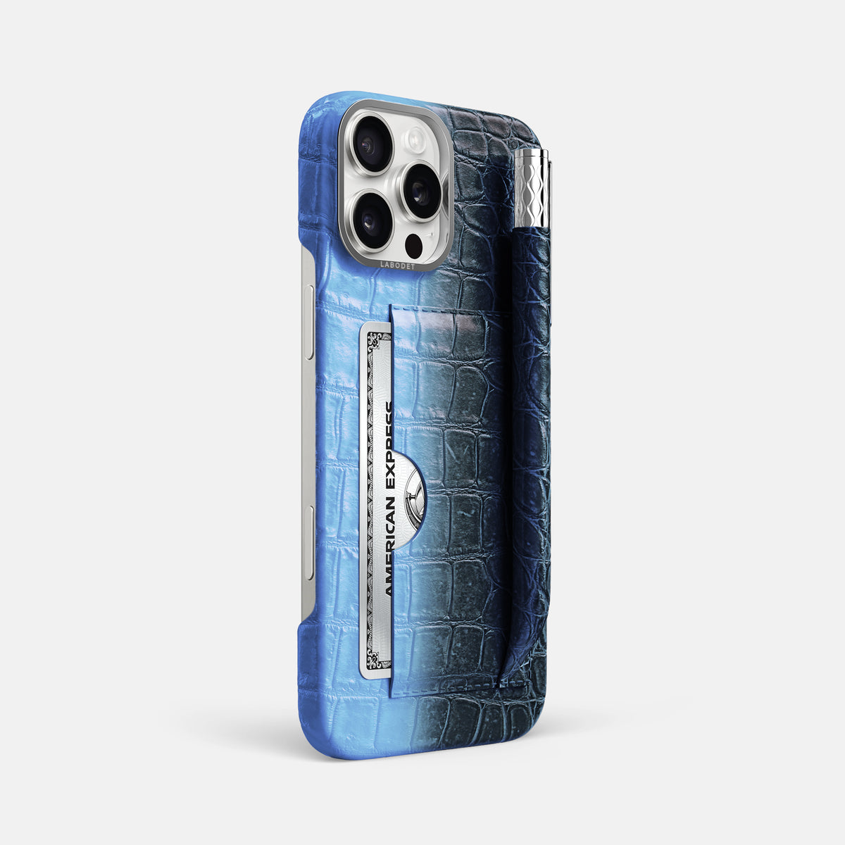 Lavender iPhone 16 Pro Max Card and Pen Holder Case Himalayan Crocodile with Steel Metal -2 | Lavender-Steel