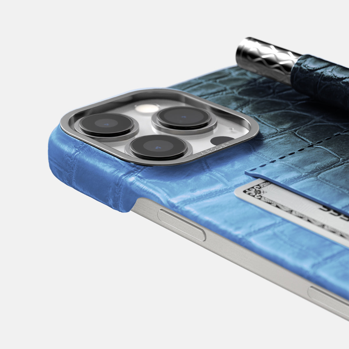 Lavender iPhone 16 Pro Max Card and Pen Holder Case Himalayan Crocodile with Steel Metal -4 | Lavender-Steel