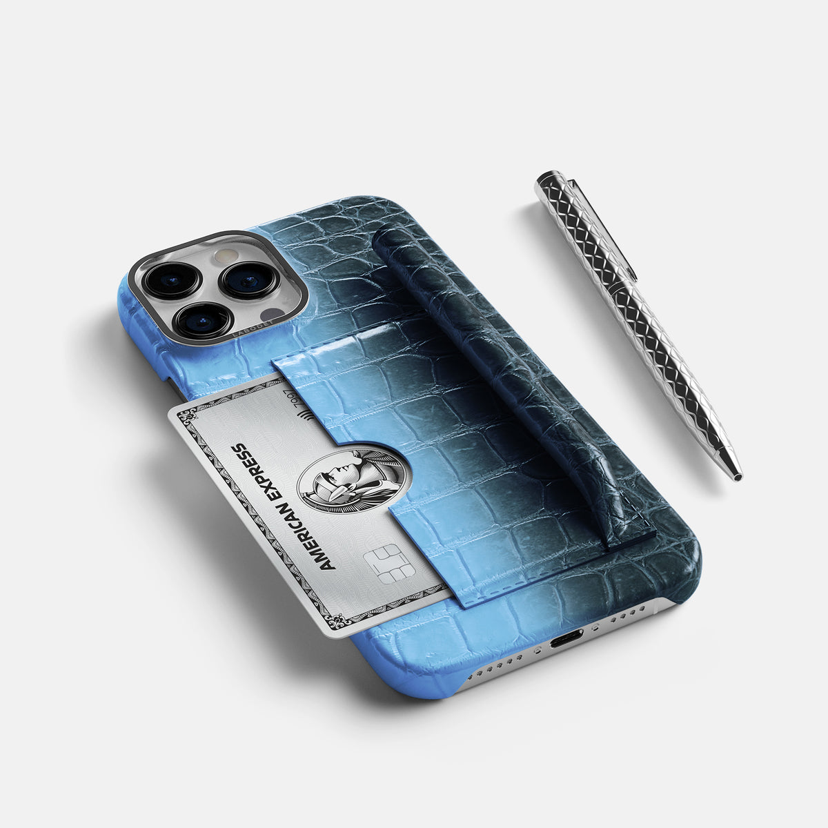 Lavender iPhone 16 Pro Max Card and Pen Holder Case Himalayan Crocodile with Steel Metal -5 | Lavender-Steel