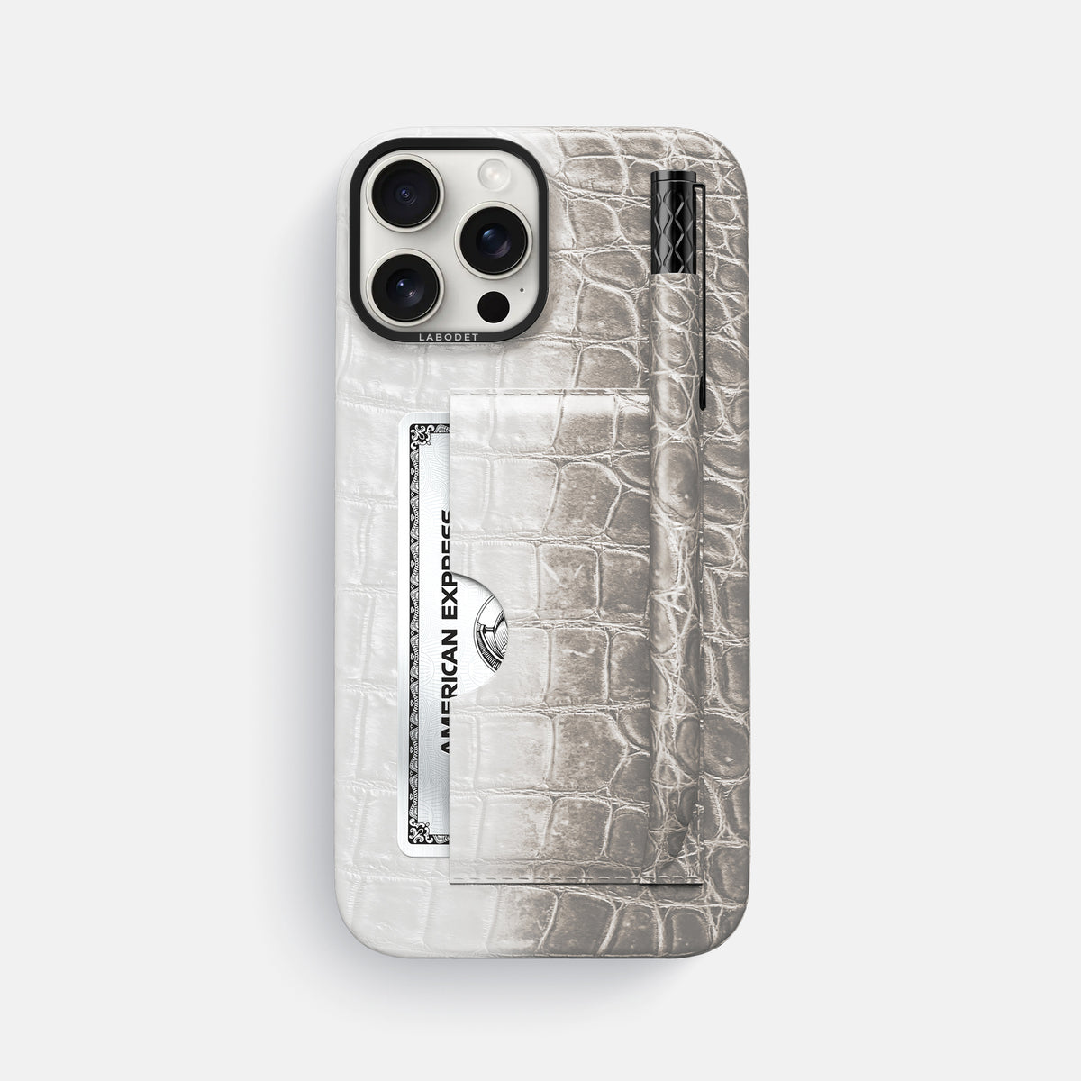 Grey iPhone 16 Pro Max Card and Pen Holder Case Himalayan Crocodile with Black Metal -1 | Grey-Black