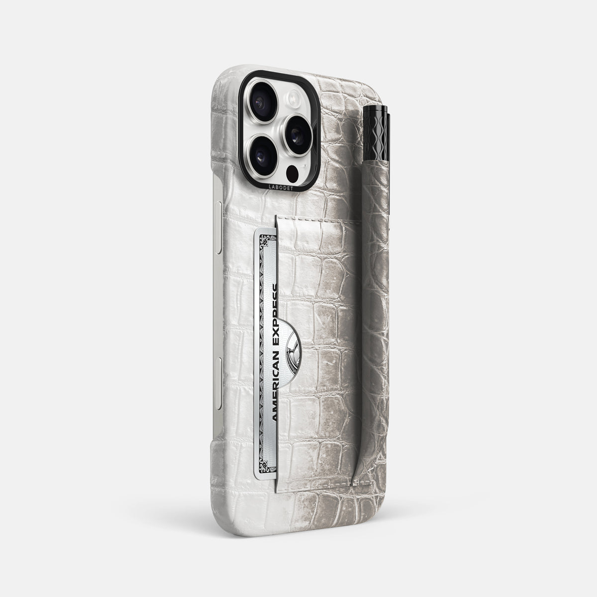 Grey iPhone 16 Pro Max Card and Pen Holder Case Himalayan Crocodile with Black Metal -2 | Grey-Black