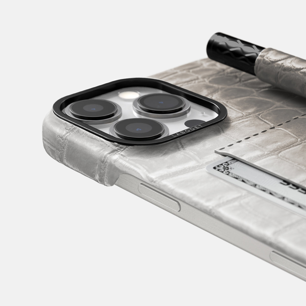 Grey iPhone 16 Pro Max Card and Pen Holder Case Himalayan Crocodile with Black Metal -4 | Grey-Black