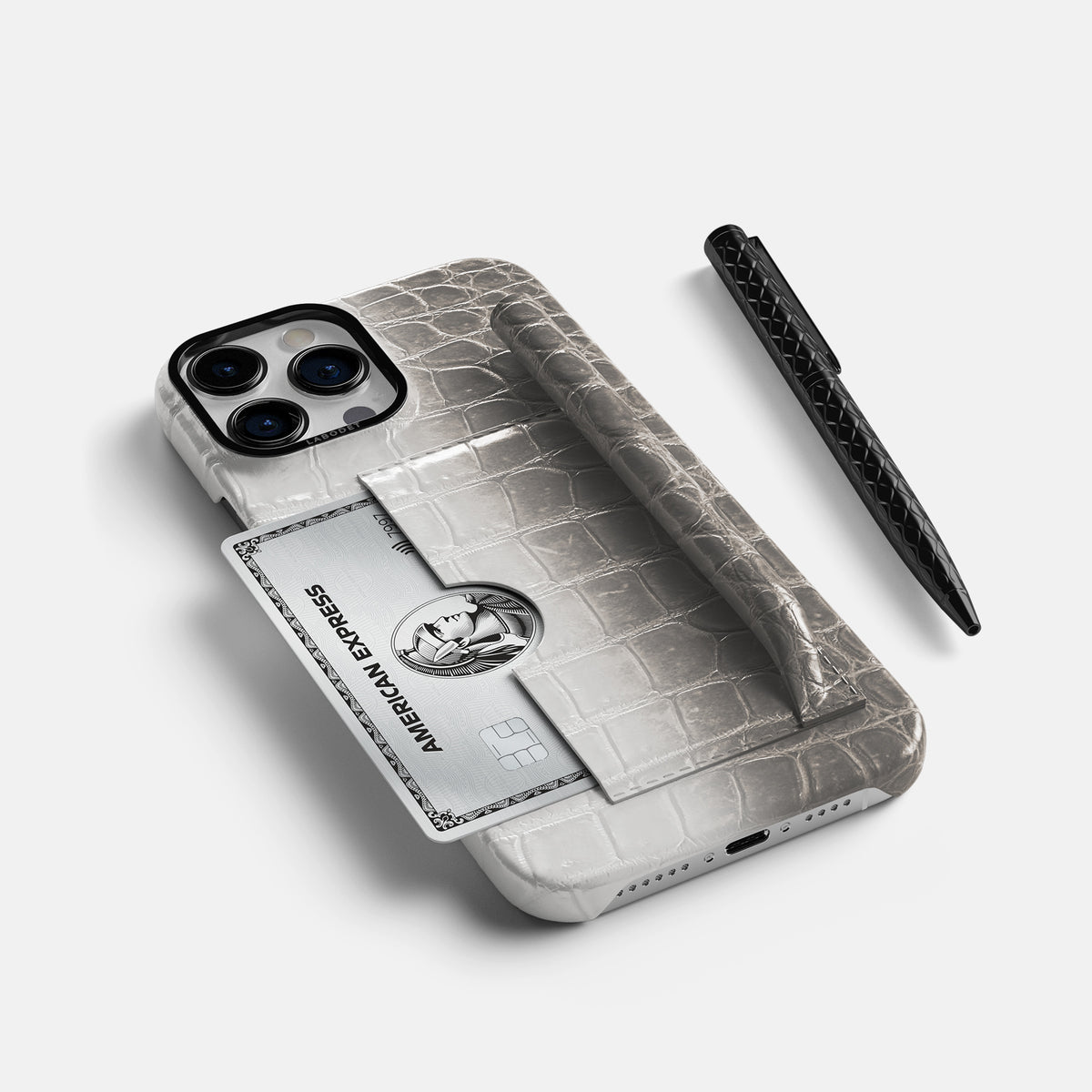 Grey iPhone 16 Pro Max Card and Pen Holder Case Himalayan Crocodile with Black Metal -5 | Grey-Black