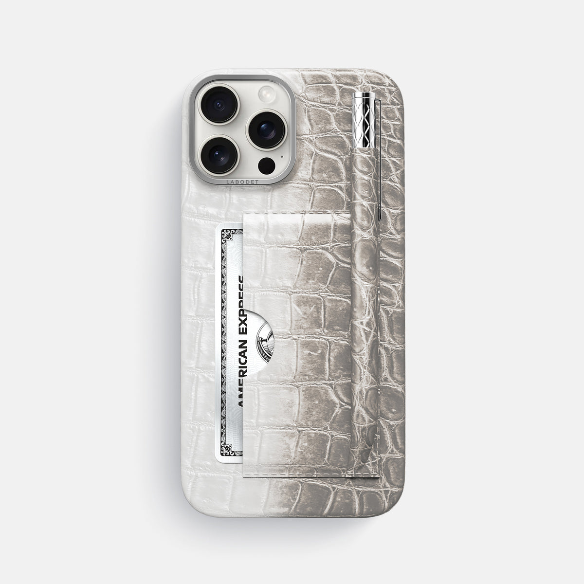 Grey iPhone 16 Pro Max Card and Pen Holder Case Himalayan Crocodile with Steel Metal -1 | Grey-Steel